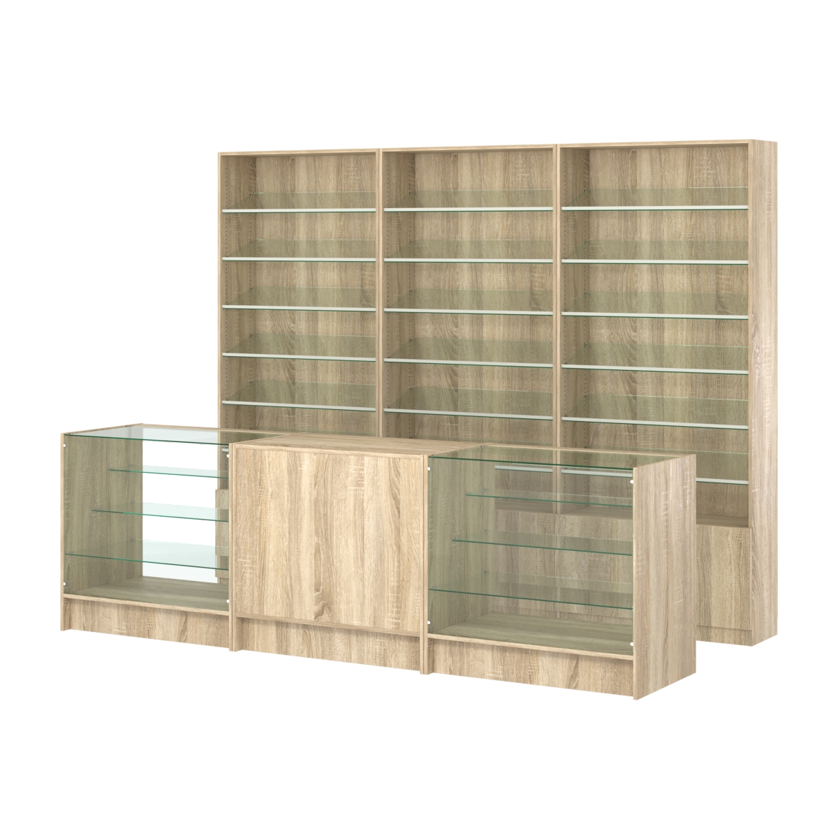 Комплект стеллажей с наклонными стеклянными полками SL-6 №12 и прилавков ЭК-04 Дуб сонома
