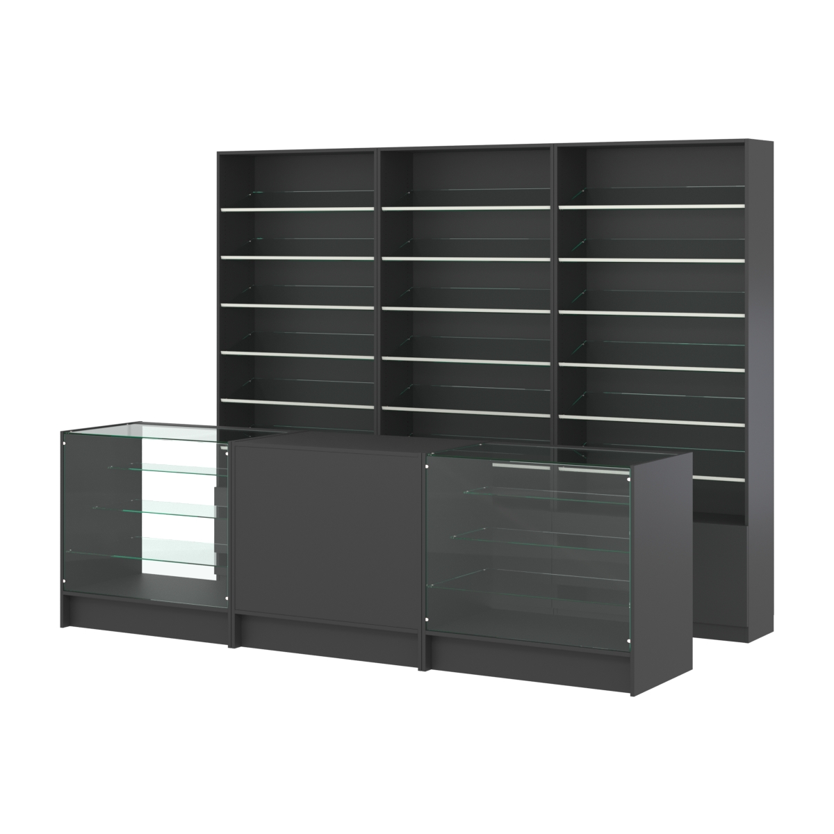 Комплект стеллажей с наклонными стеклянными полками SL-6 №12 и прилавков ЭК-04 Черный