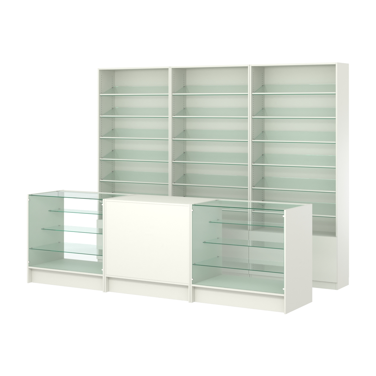 Комплект стеллажей с наклонными стеклянными полками SL-6 №12 и прилавков ЭК-04 Белый