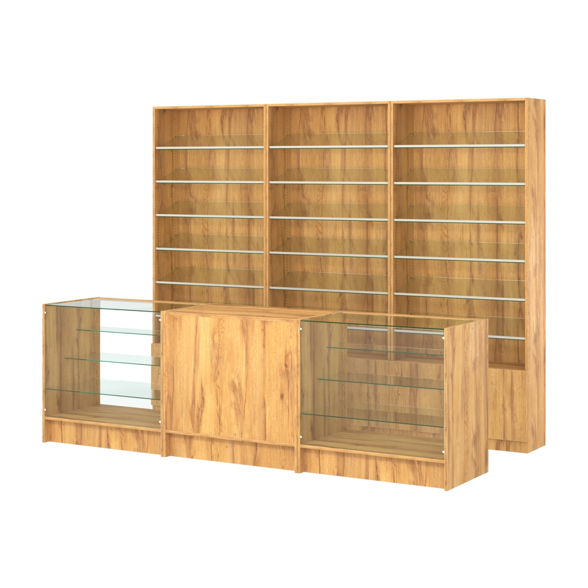 Комплект стеллажей с наклонными стеклянными полками SL-6 №12 и прилавков ЭК-04 Дуб Золотистый