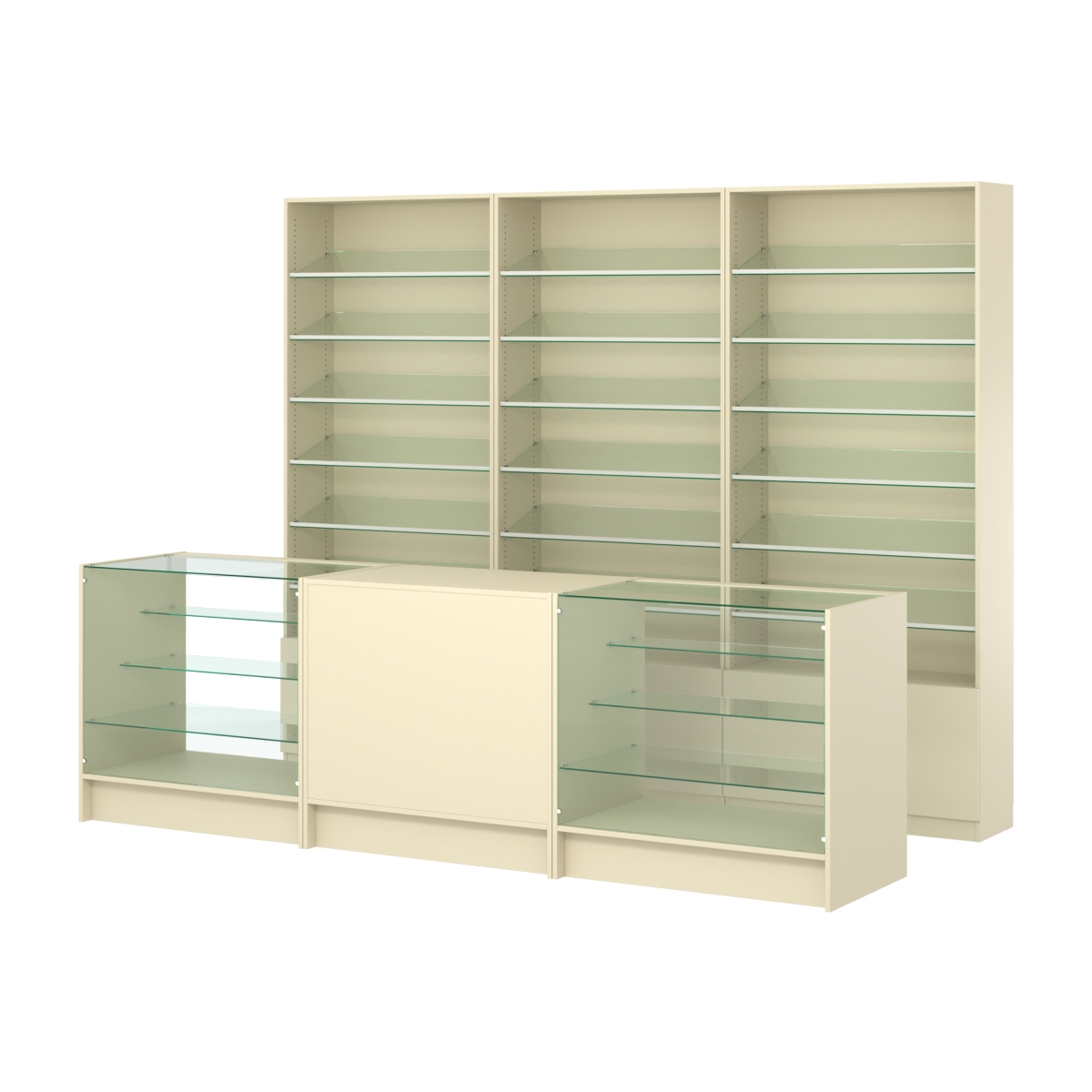 Комплект стеллажей с наклонными стеклянными полками SL-6 №12 и прилавков ЭК-04 Крем Вайс