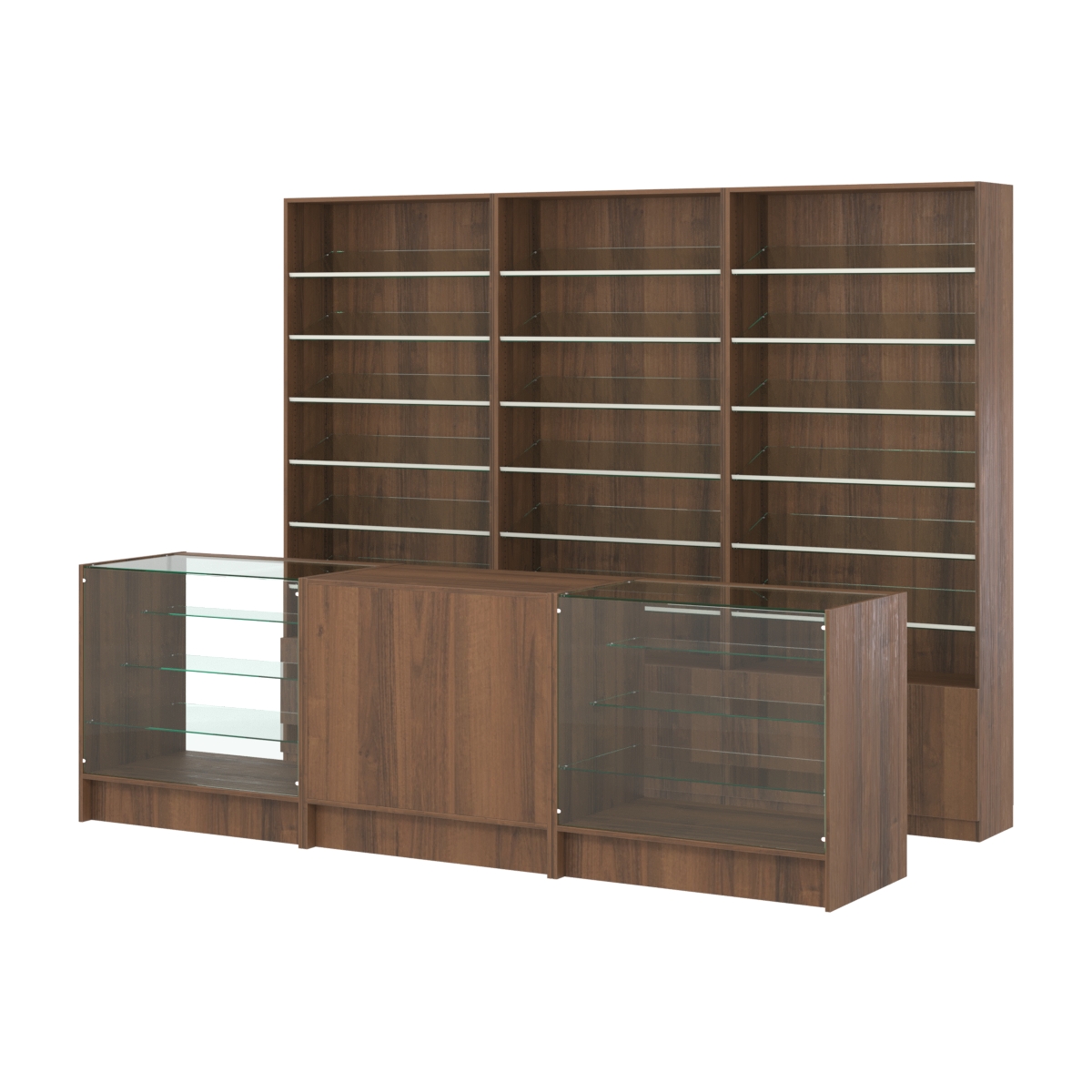 Комплект стеллажей с наклонными стеклянными полками SL-6 №12 и прилавков ЭК-04 Орех