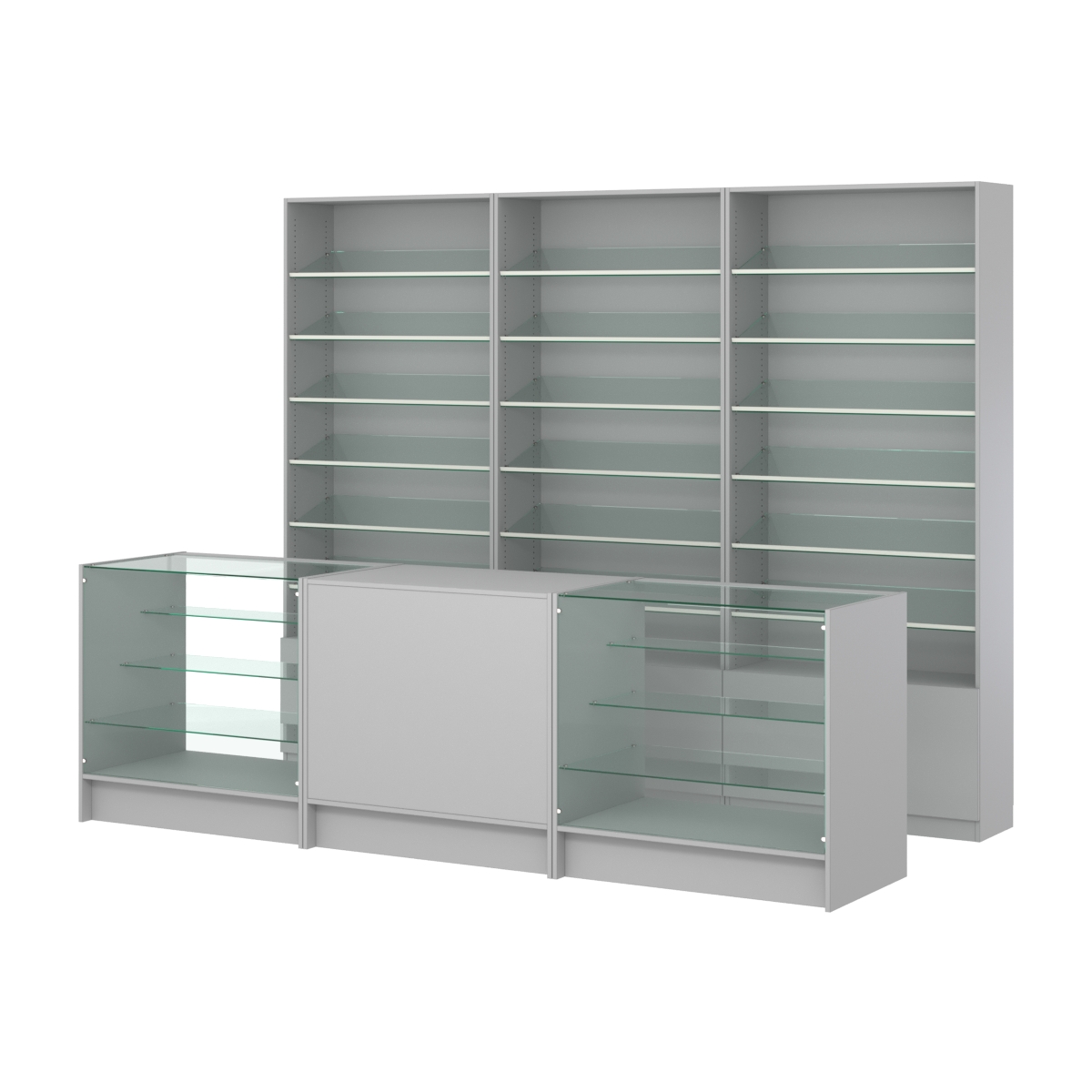 Комплект стеллажей с наклонными стеклянными полками SL-6 №12 и прилавков ЭК-04 Серый