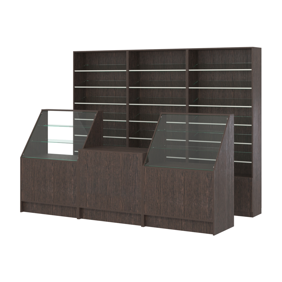 Комплект стеллажей с наклонными стеклянными полками SL-6 №12 и прилавков ЭК-07 Дуб Венге