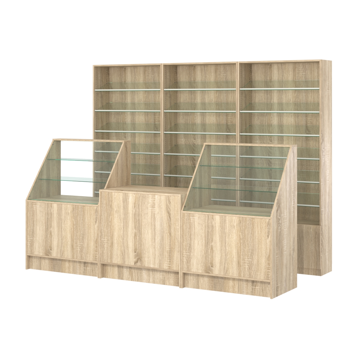 Комплект стеллажей с наклонными стеклянными полками SL-6 №12 и прилавков ЭК-07 Дуб сонома