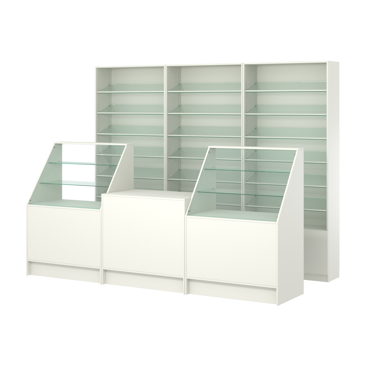 Комплект стеллажей с наклонными стеклянными полками SL-6 №12 и прилавков ЭК-07 Белый