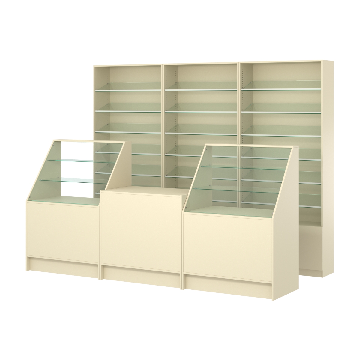 Комплект стеллажей с наклонными стеклянными полками SL-6 №12 и прилавков ЭК-07 Крем Вайс