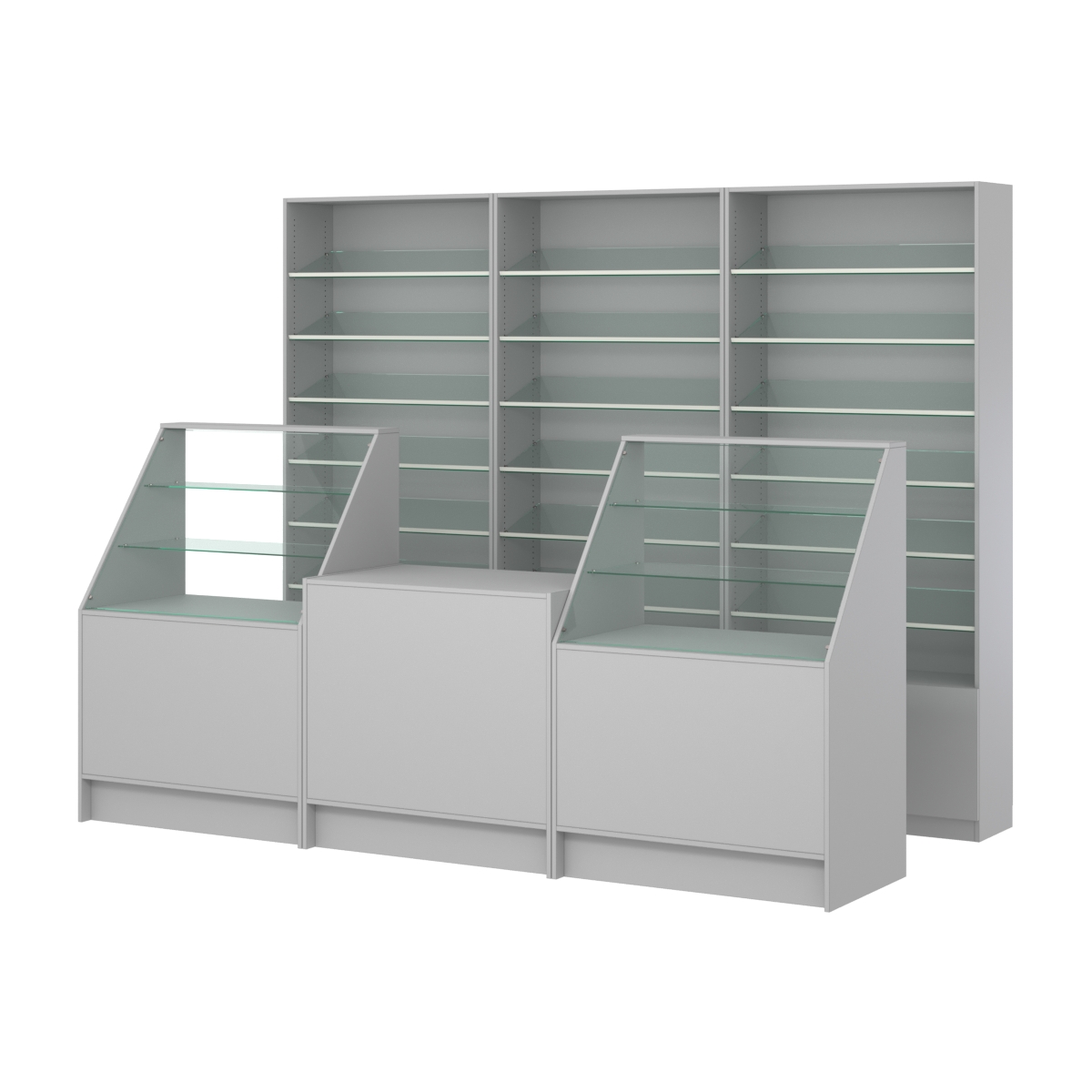 Комплект стеллажей с наклонными стеклянными полками SL-6 №12 и прилавков ЭК-07 Серый