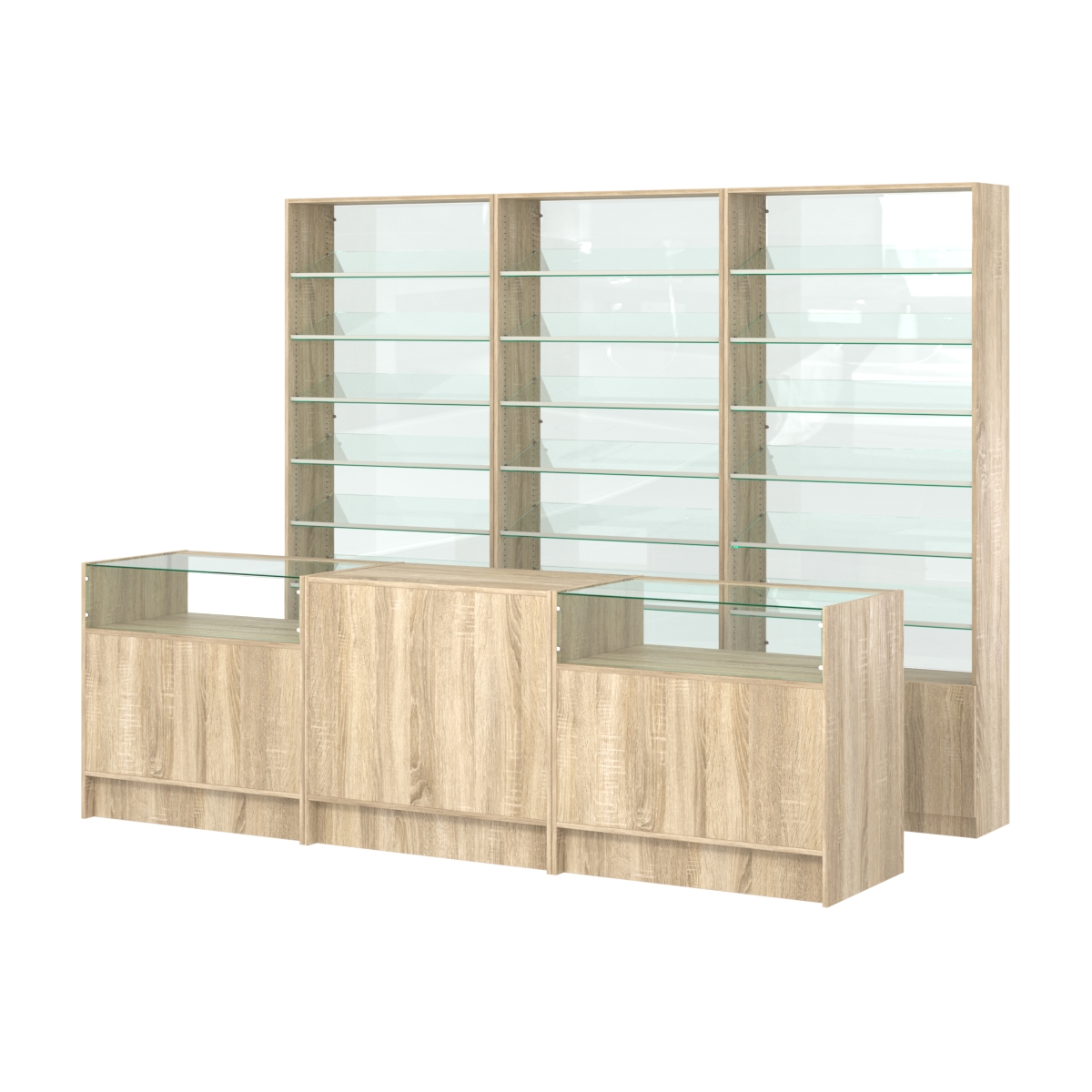 Комплект стеллажей с наклонными стеклянными полками SL-6 №12-1 и прилавков ЭК-02 Дуб сонома