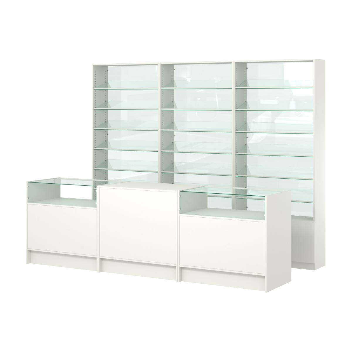 Комплект стеллажей с наклонными стеклянными полками SL-6 №12-1 и прилавков ЭК-02 Белый