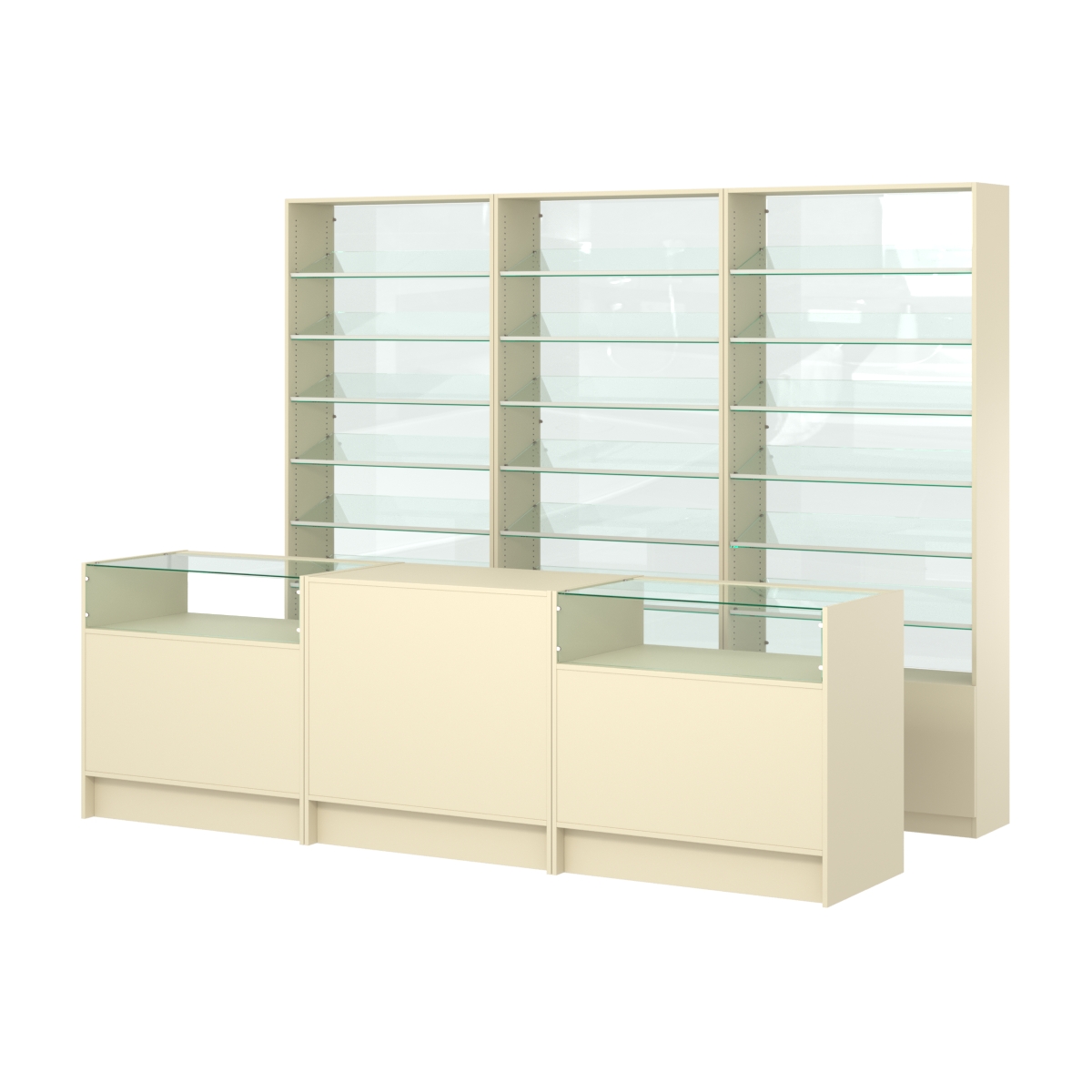 Комплект стеллажей с наклонными стеклянными полками SL-6 №12-1 и прилавков ЭК-02 Крем Вайс