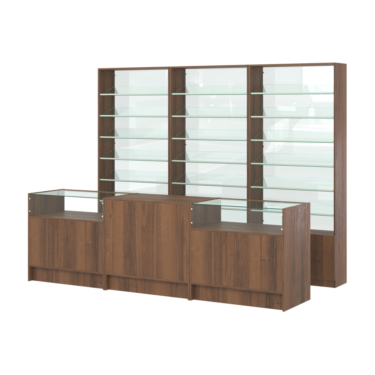 Комплект стеллажей с наклонными стеклянными полками SL-6 №12-1 и прилавков ЭК-02 Орех