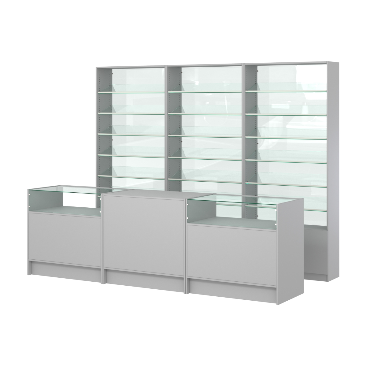 Комплект стеллажей с наклонными стеклянными полками SL-6 №12-1 и прилавков ЭК-02 Серый