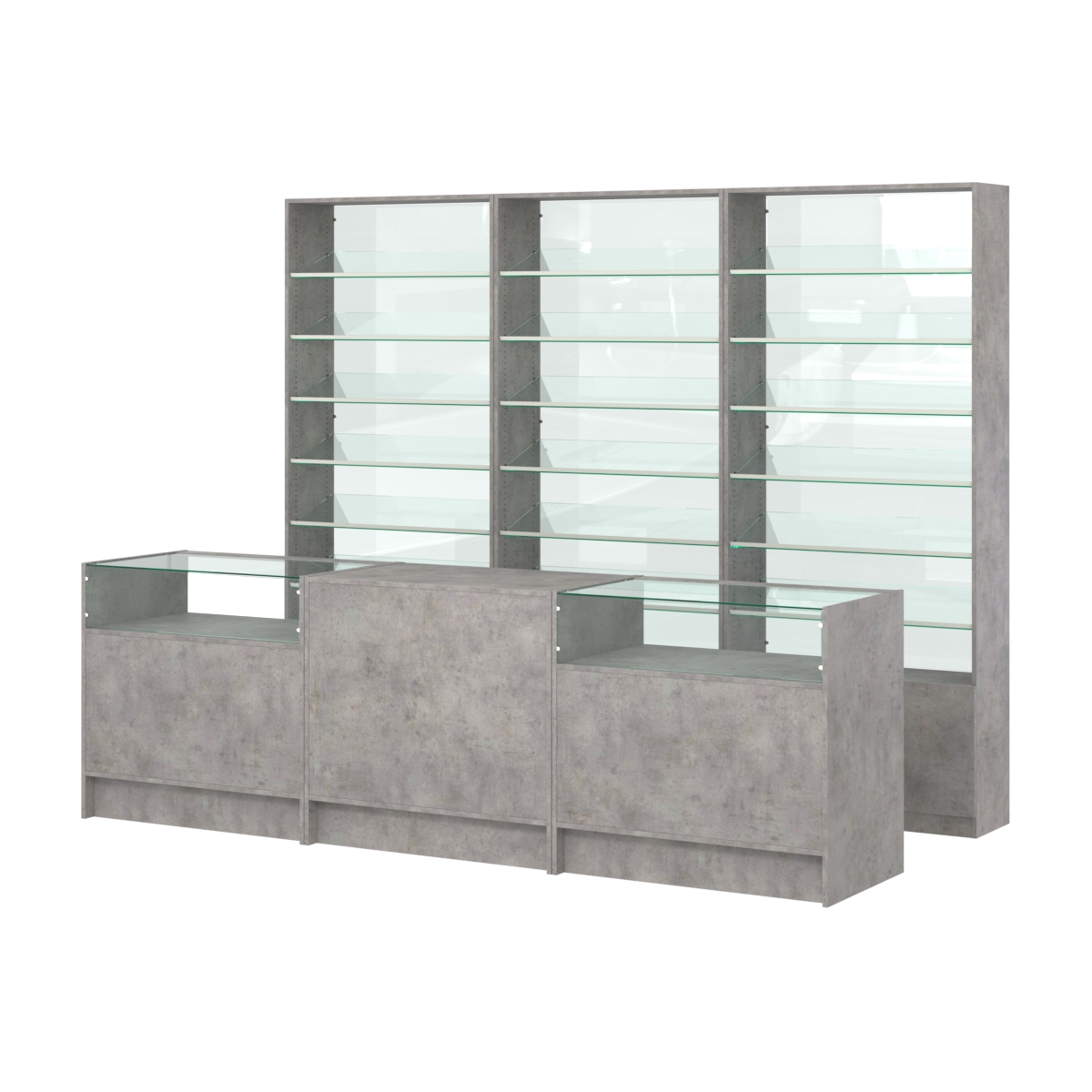Комплект стеллажей с наклонными стеклянными полками SL-6 №12-1 и прилавков ЭК-02 Бетон Чикаго светло-серый F186 ST9