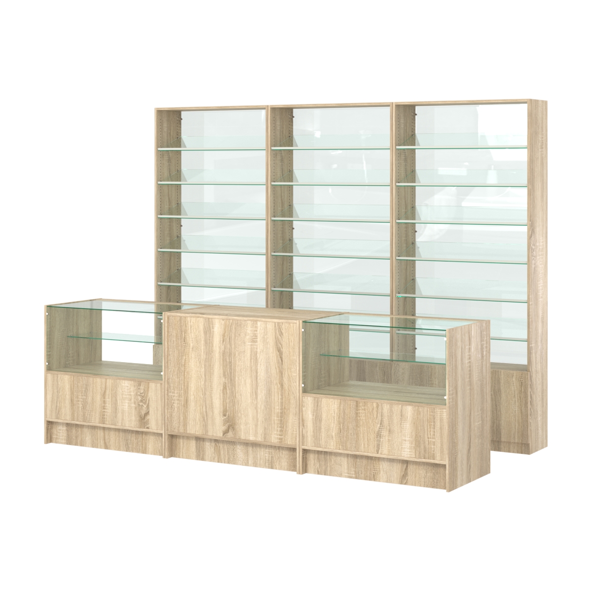 Комплект стеллажей с наклонными стеклянными полками SL-6 №12-1 и прилавков ЭК-03 Дуб сонома