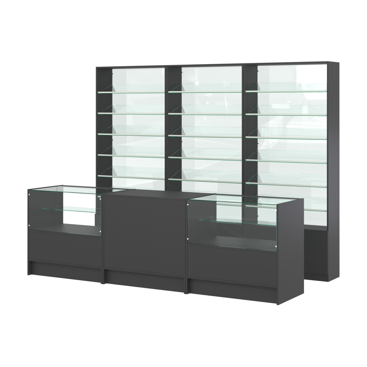 Комплект стеллажей с наклонными стеклянными полками SL-6 №12-1 и прилавков ЭК-03 Черный