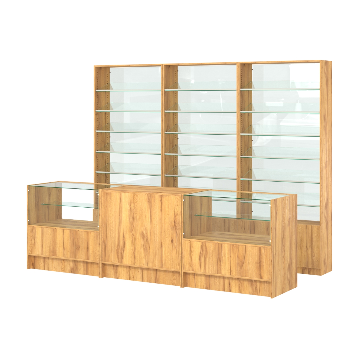 Комплект стеллажей с наклонными стеклянными полками SL-6 №12-1 и прилавков ЭК-03 Дуб Золотистый