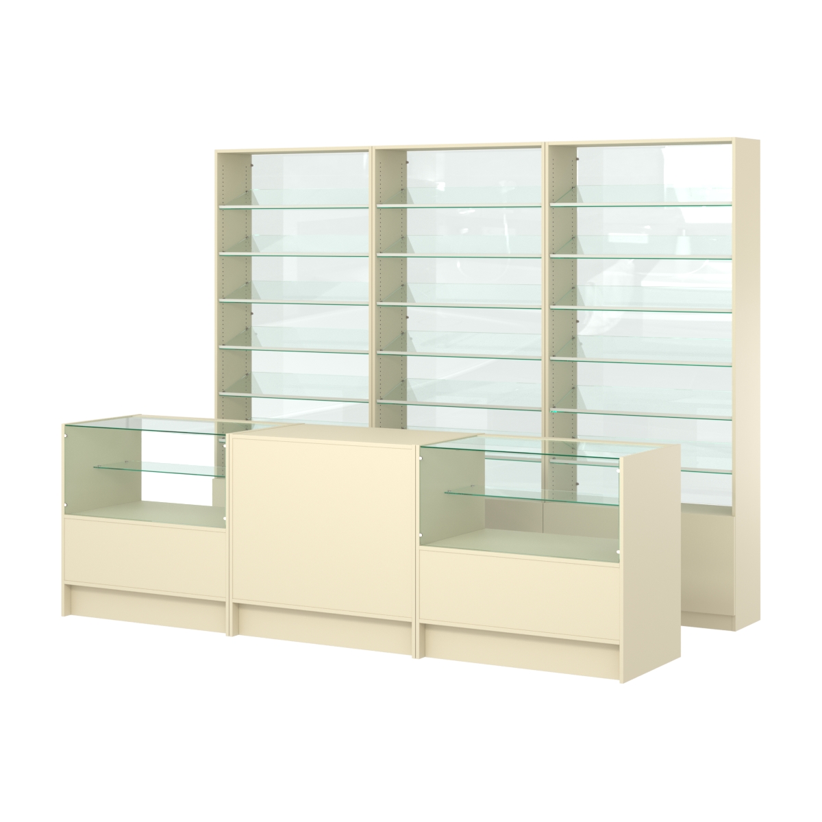 Комплект стеллажей с наклонными стеклянными полками SL-6 №12-1 и прилавков ЭК-03 Крем Вайс