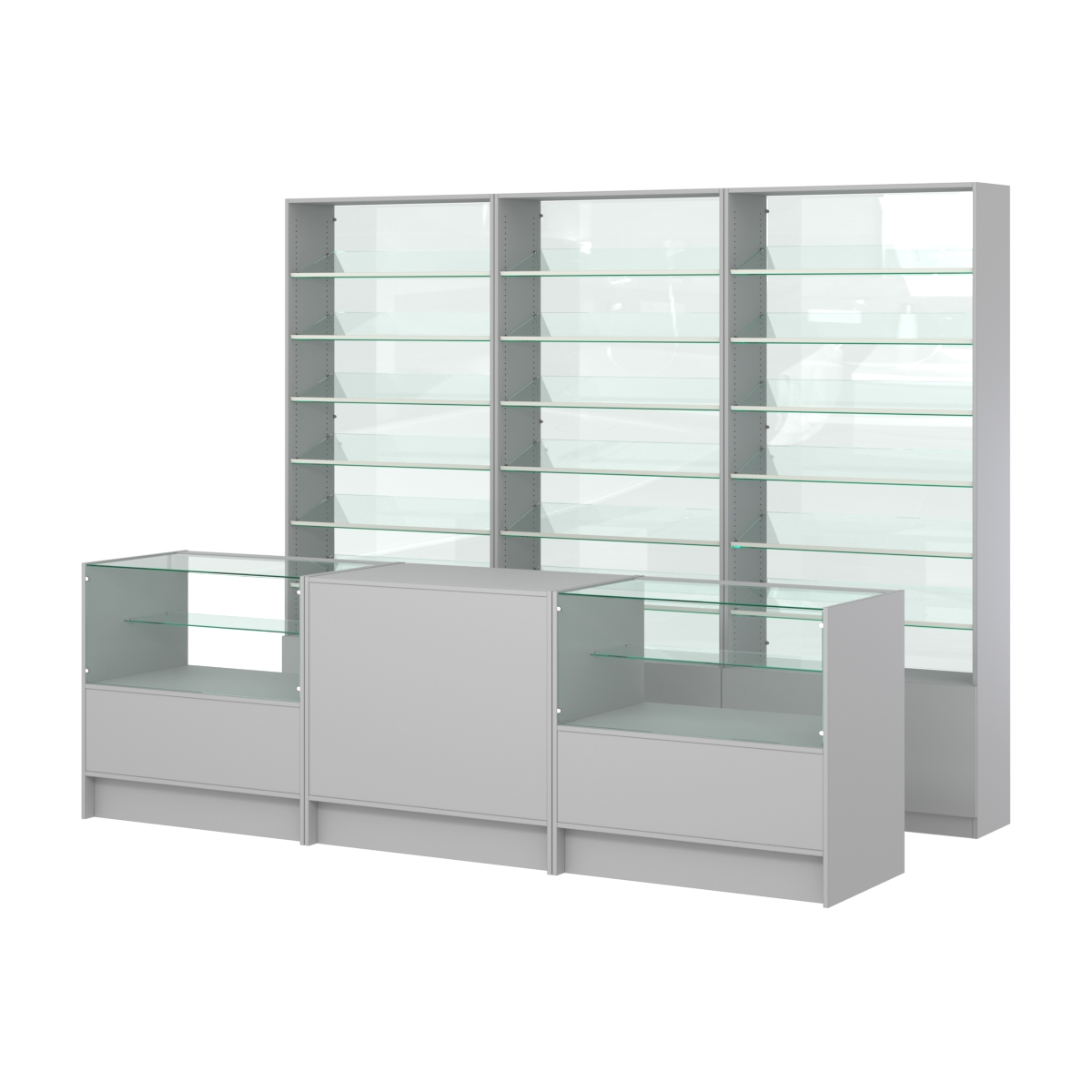 Комплект стеллажей с наклонными стеклянными полками SL-6 №12-1 и прилавков ЭК-03 Серый
