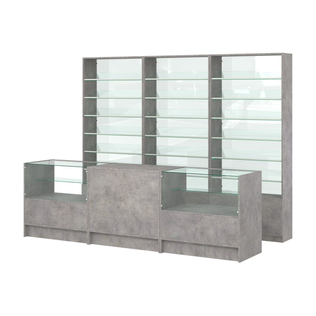 Комплект стеллажей с наклонными стеклянными полками SL-6 №12-1 и прилавков ЭК-03 Бетон Чикаго светло-серый F186 ST9