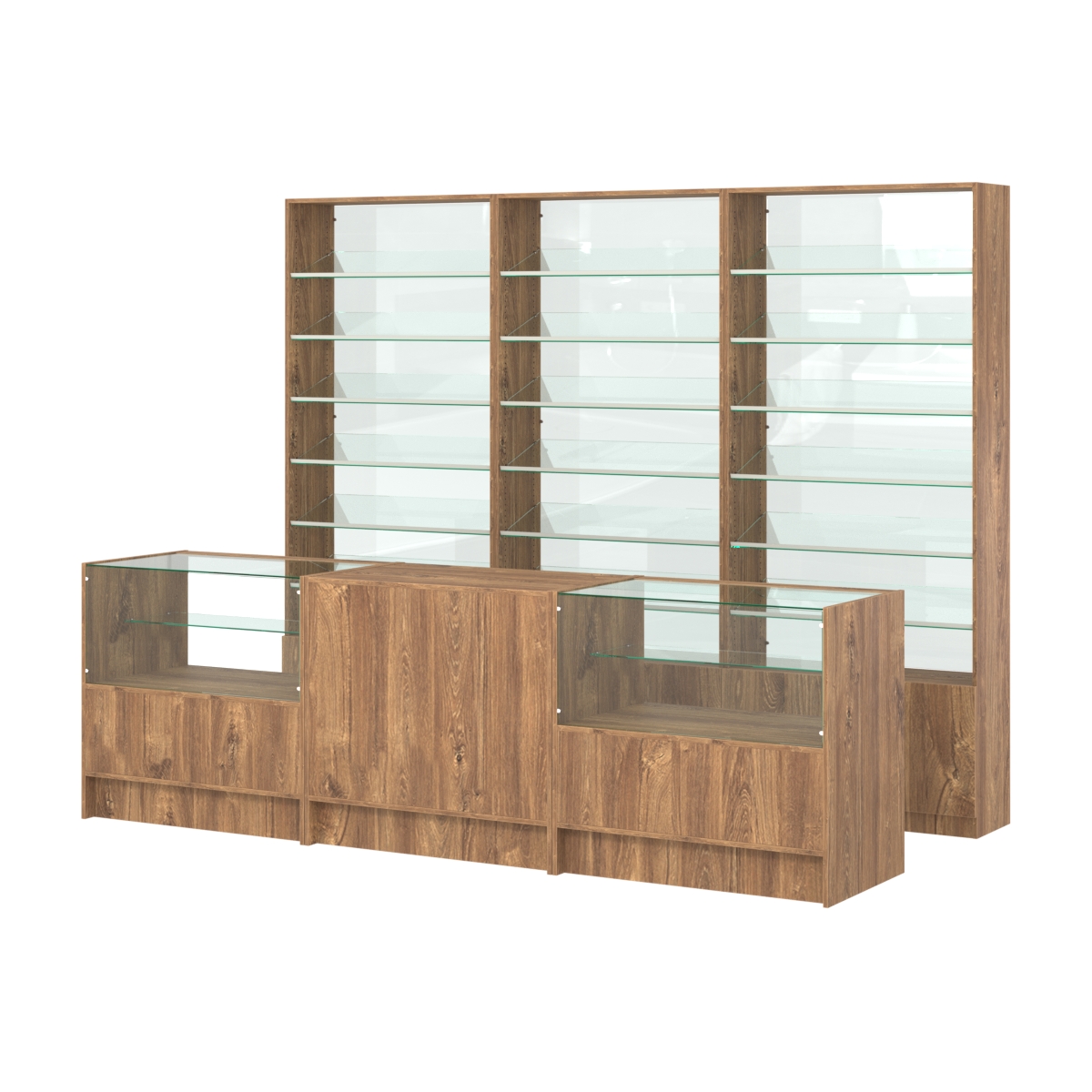 Комплект стеллажей с наклонными стеклянными полками SL-6 №12-1 и прилавков ЭК-03 Дуб Канзас коричневый