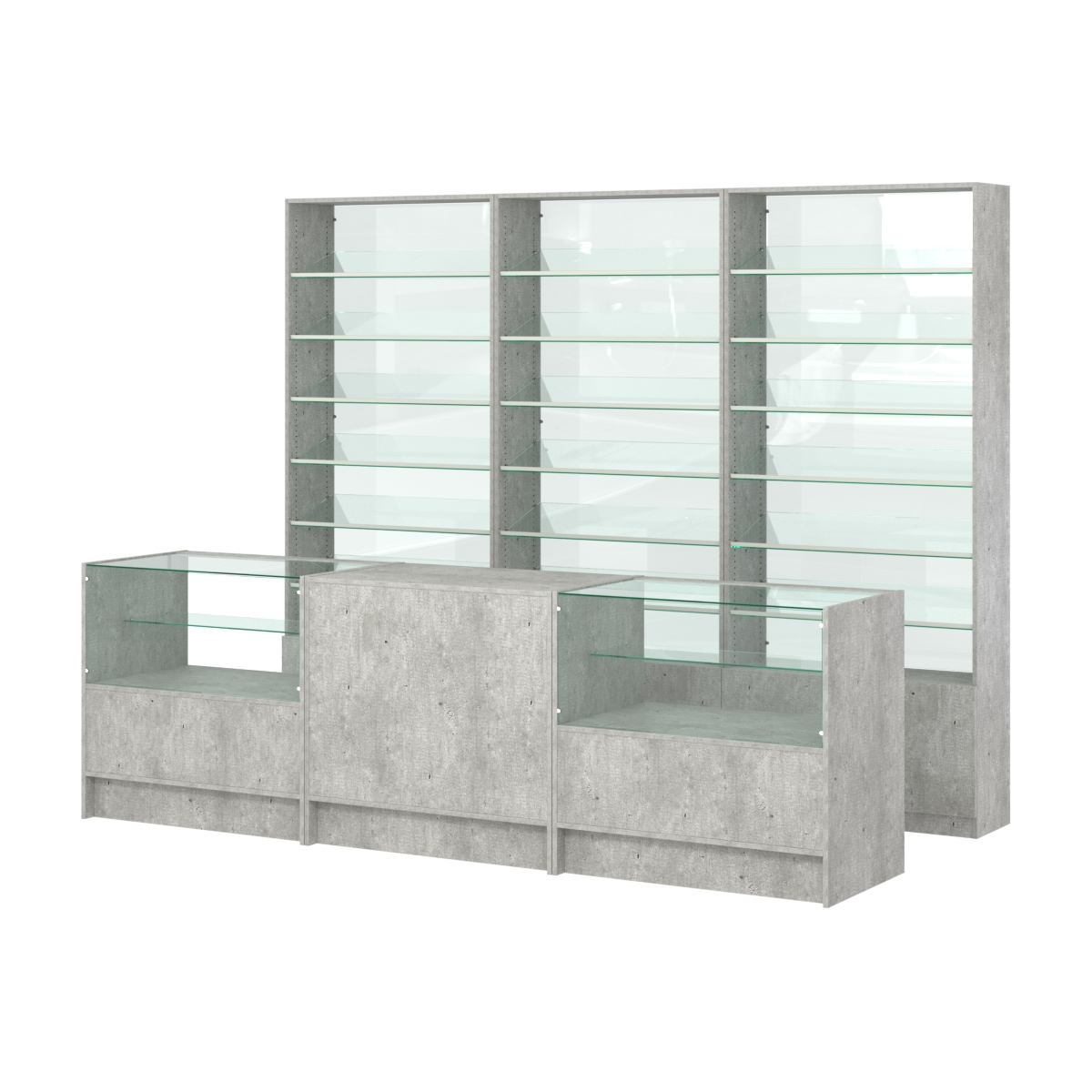 Комплект стеллажей с наклонными стеклянными полками SL-6 №12-1 и прилавков ЭК-03 Метрополитан Грей