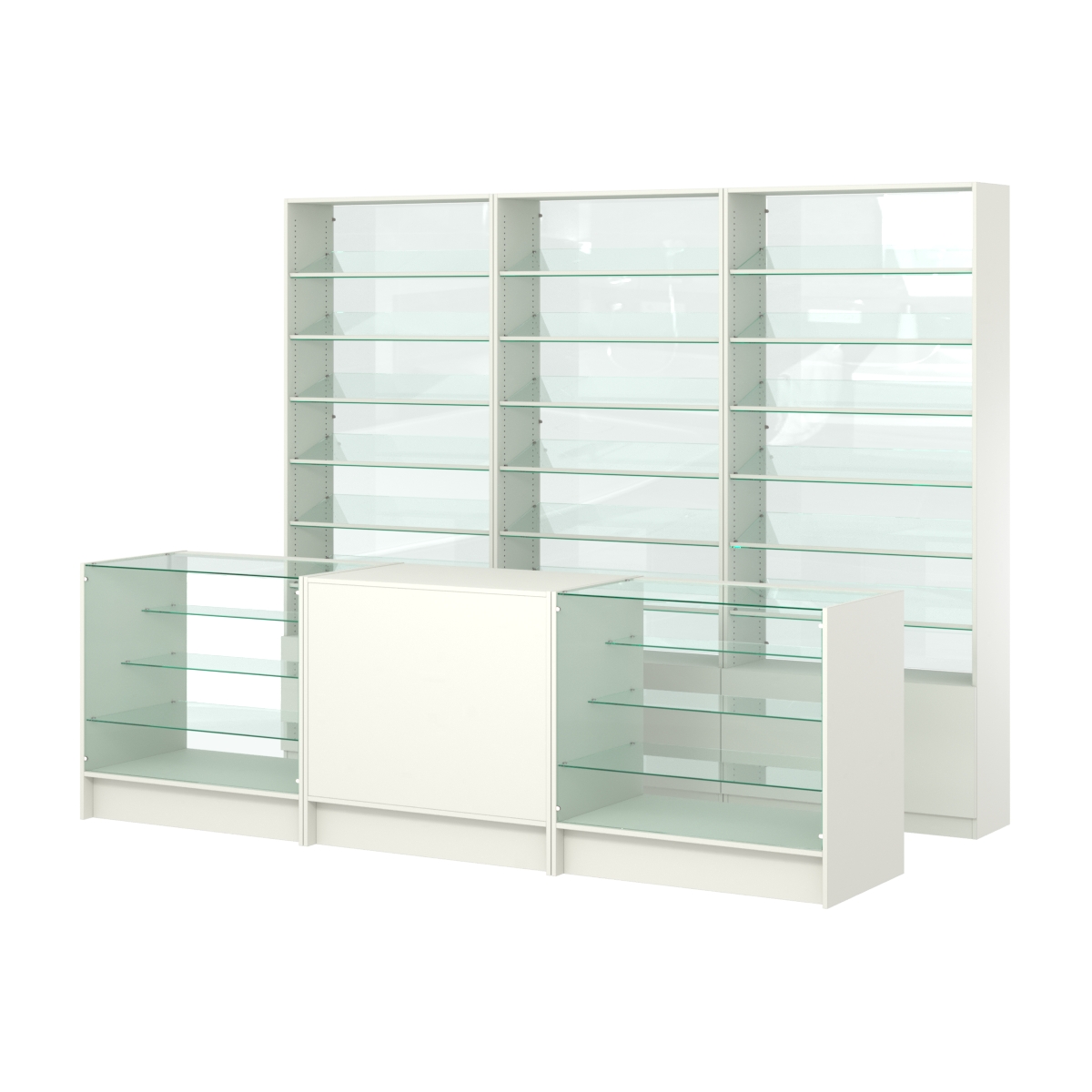 Комплект стеллажей с наклонными стеклянными полками SL-6 №12-1 и прилавков ЭК-04 Белый