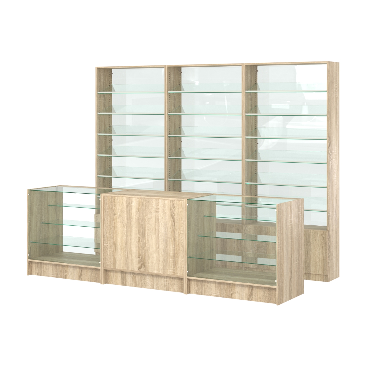 Комплект стеллажей с наклонными стеклянными полками SL-6 №12-1 и прилавков ЭК-04 Дуб сонома