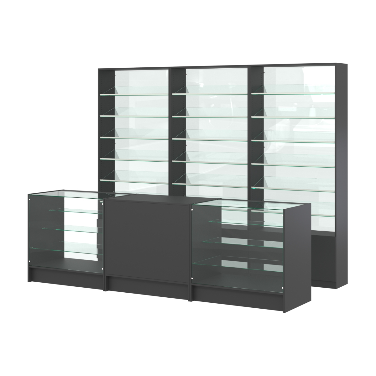Комплект стеллажей с наклонными стеклянными полками SL-6 №12-1 и прилавков ЭК-04 Черный