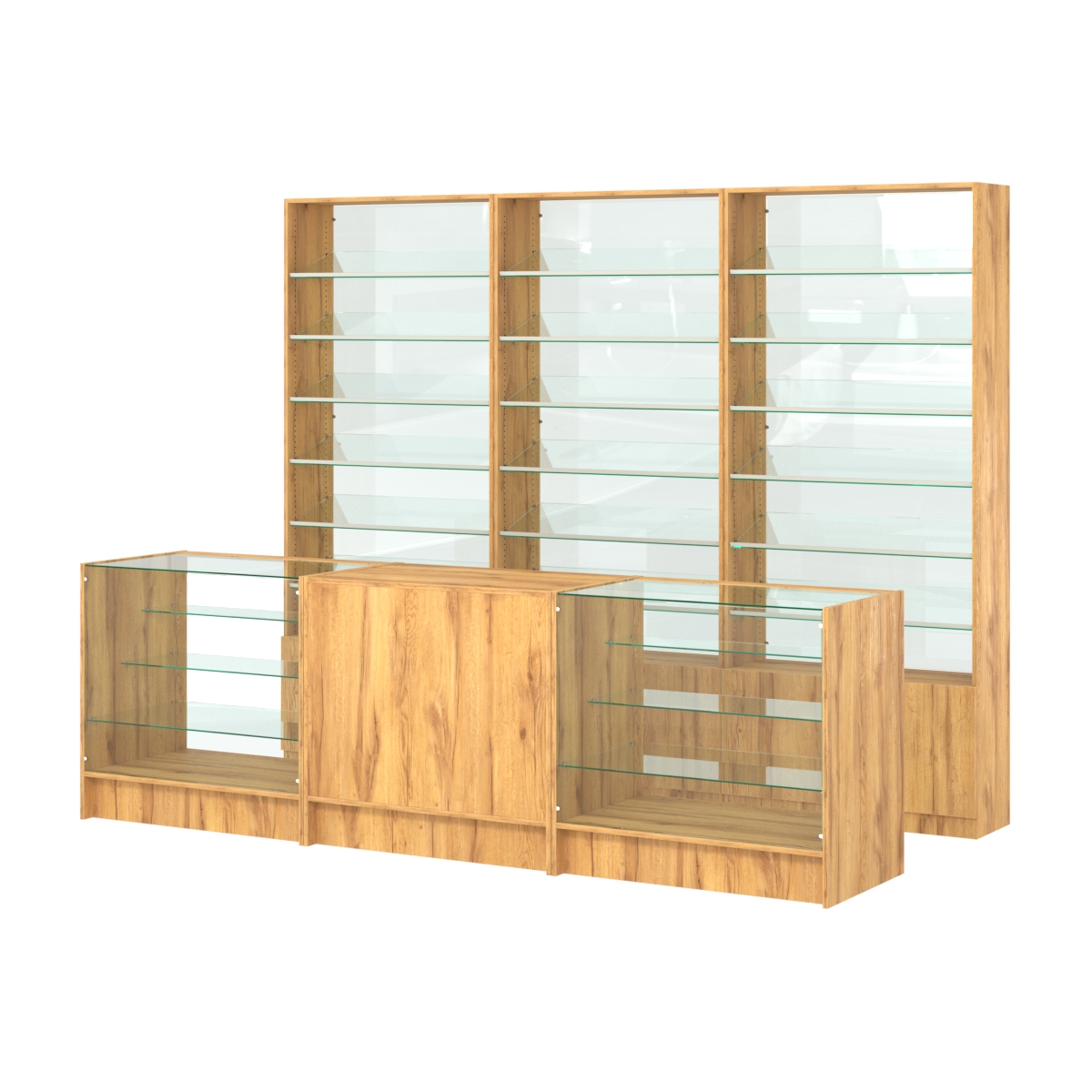 Комплект стеллажей с наклонными стеклянными полками SL-6 №12-1 и прилавков ЭК-04 Дуб Золотистый