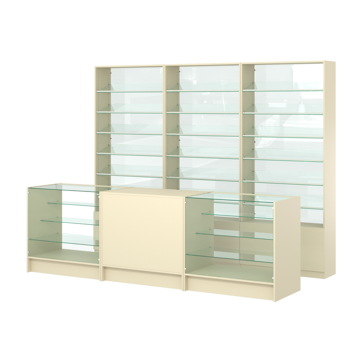 Комплект стеллажей с наклонными стеклянными полками SL-6 №12-1 и прилавков ЭК-04 Крем Вайс