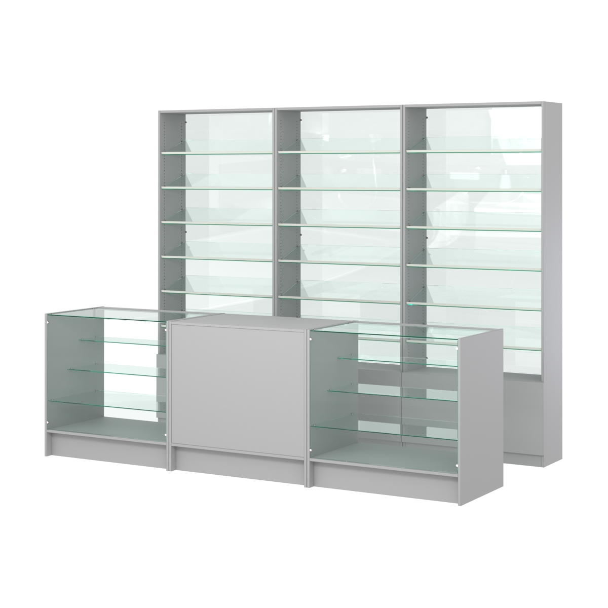 Комплект стеллажей с наклонными стеклянными полками SL-6 №12-1 и прилавков ЭК-04 Серый