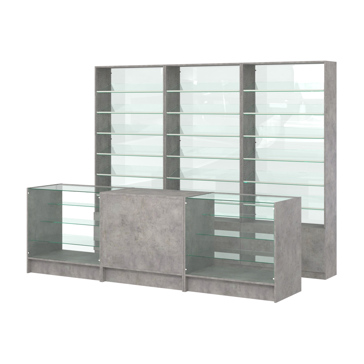 Комплект стеллажей с наклонными стеклянными полками SL-6 №12-1 и прилавков ЭК-04 Бетон Чикаго светло-серый F186 ST9