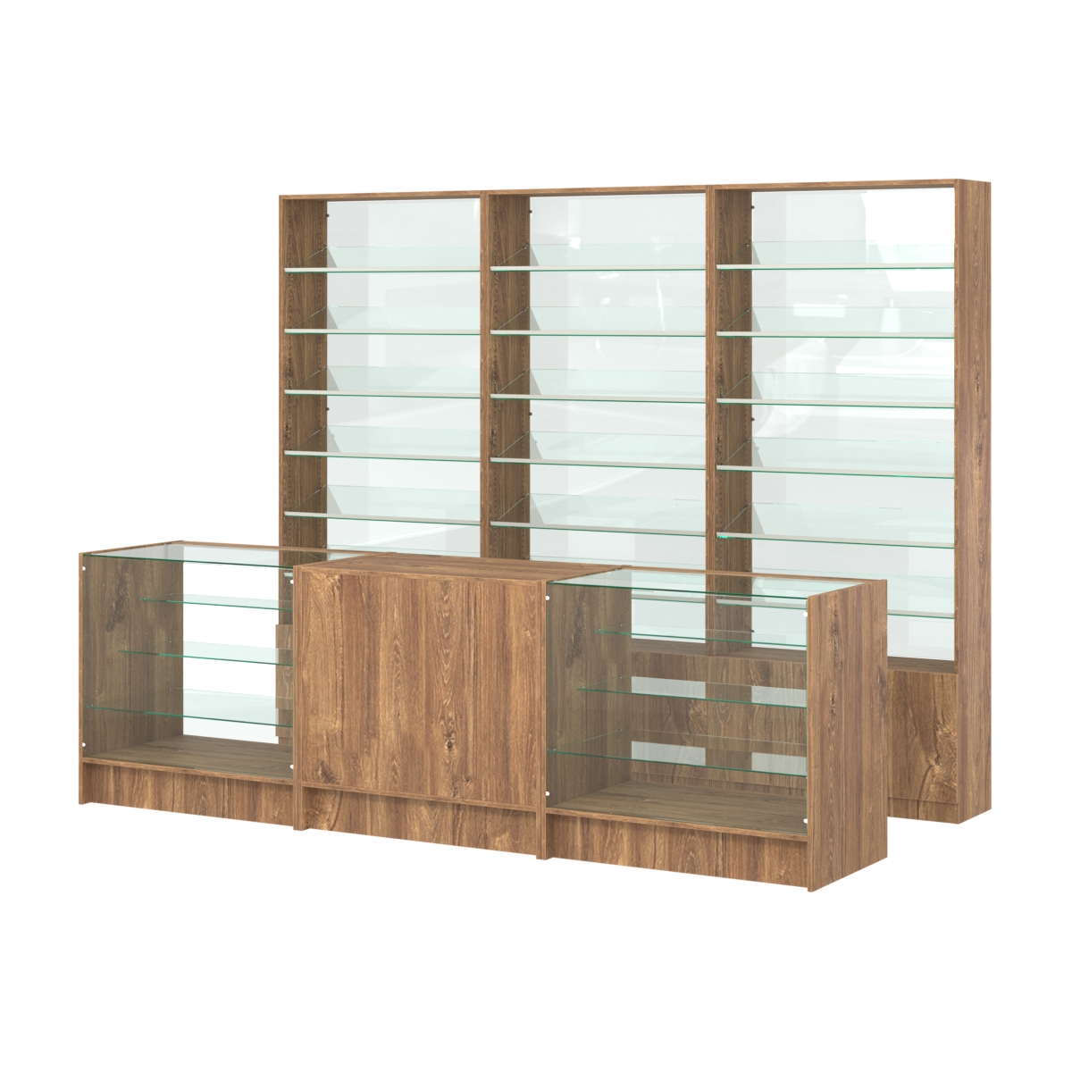 Комплект стеллажей с наклонными стеклянными полками SL-6 №12-1 и прилавков ЭК-04 Дуб Канзас коричневый