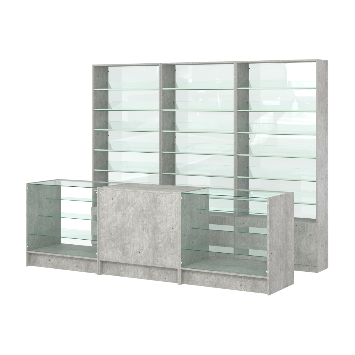 Комплект стеллажей с наклонными стеклянными полками SL-6 №12-1 и прилавков ЭК-04 Метрополитан Грей