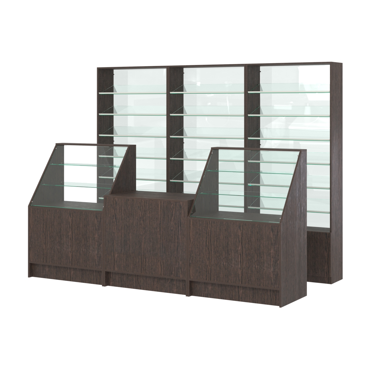 Комплект стеллажей с наклонными стеклянными полками SL-6 №12-1 и прилавков ЭК-07 Дуб Венге