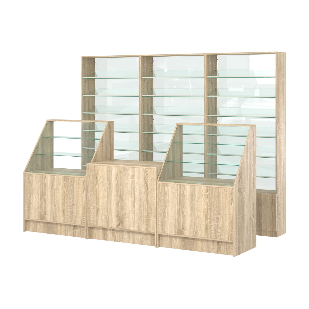 Комплект стеллажей с наклонными стеклянными полками SL-6 №12-1 и прилавков ЭК-07 Дуб сонома