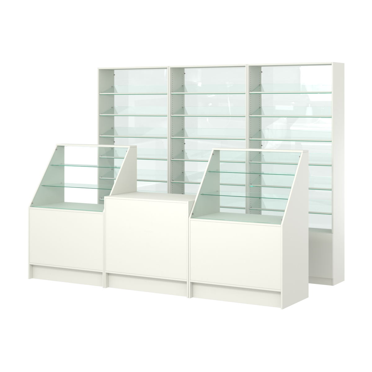 Комплект стеллажей с наклонными стеклянными полками SL-6 №12-1 и прилавков ЭК-07 Белый