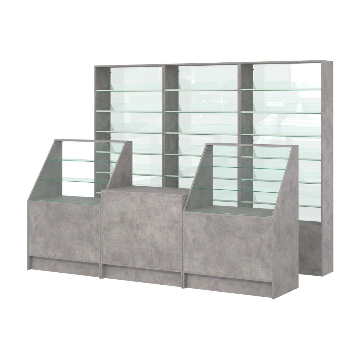 Комплект стеллажей с наклонными стеклянными полками SL-6 №12-1 и прилавков ЭК-07 Бетон Чикаго светло-серый F186 ST9