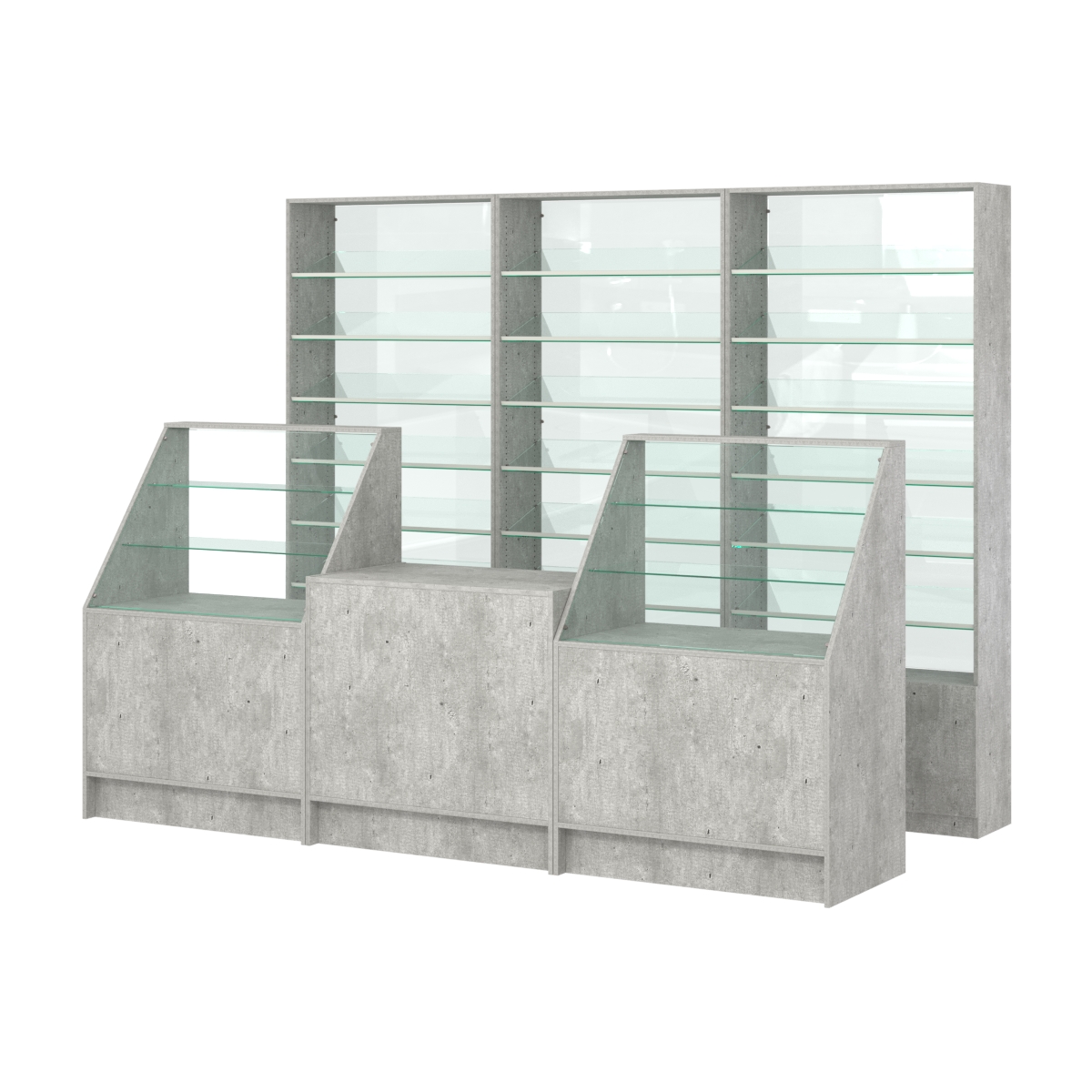 Комплект стеллажей с наклонными стеклянными полками SL-6 №12-1 и прилавков ЭК-07 Метрополитан Грей