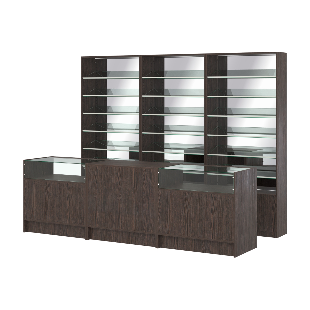 Комплект стеллажей с наклонными стеклянными полками SL-6 №12-2 и прилавков ЭК-02 Дуб Венге