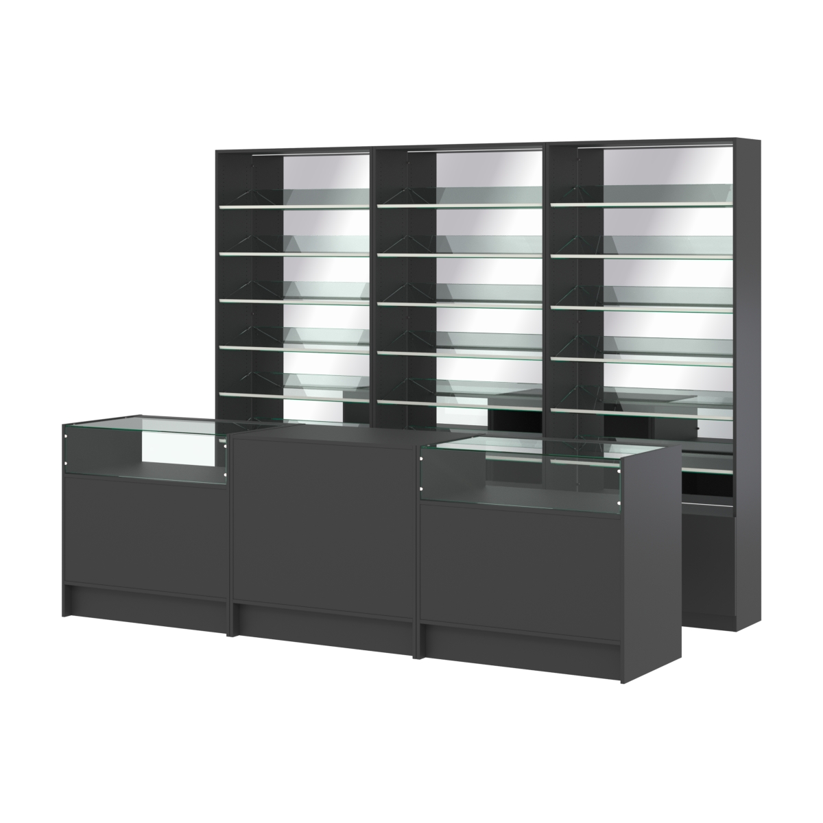 Комплект стеллажей с наклонными стеклянными полками SL-6 №12-2 и прилавков ЭК-02 Черный