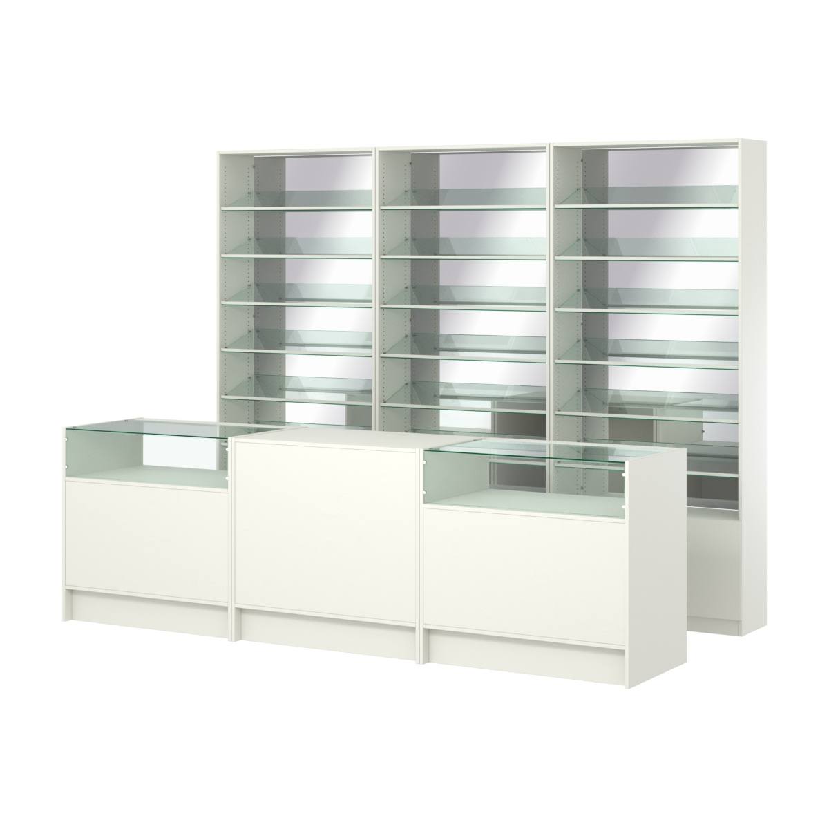 Комплект стеллажей с наклонными стеклянными полками SL-6 №12-2 и прилавков ЭК-02 Белый