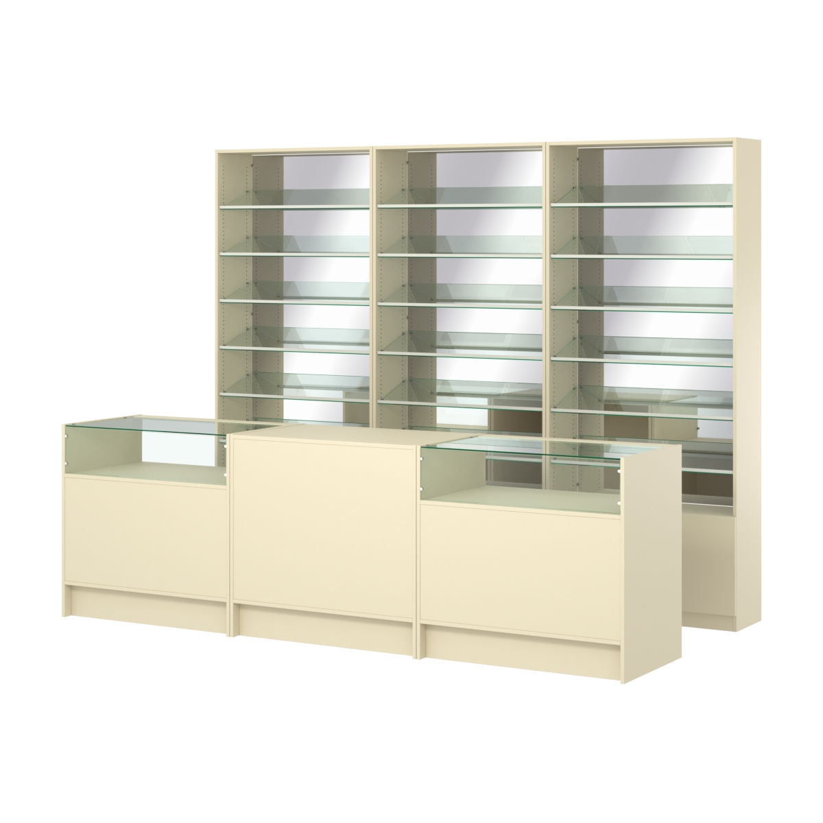 Комплект стеллажей с наклонными стеклянными полками SL-6 №12-2 и прилавков ЭК-02 Крем Вайс