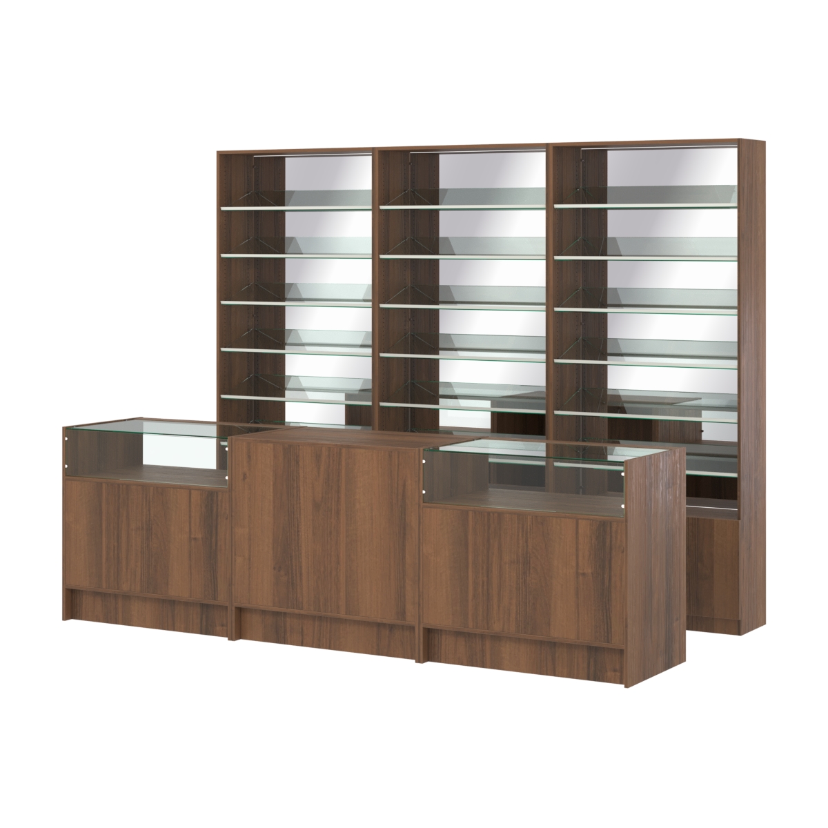 Комплект стеллажей с наклонными стеклянными полками SL-6 №12-2 и прилавков ЭК-02 Орех