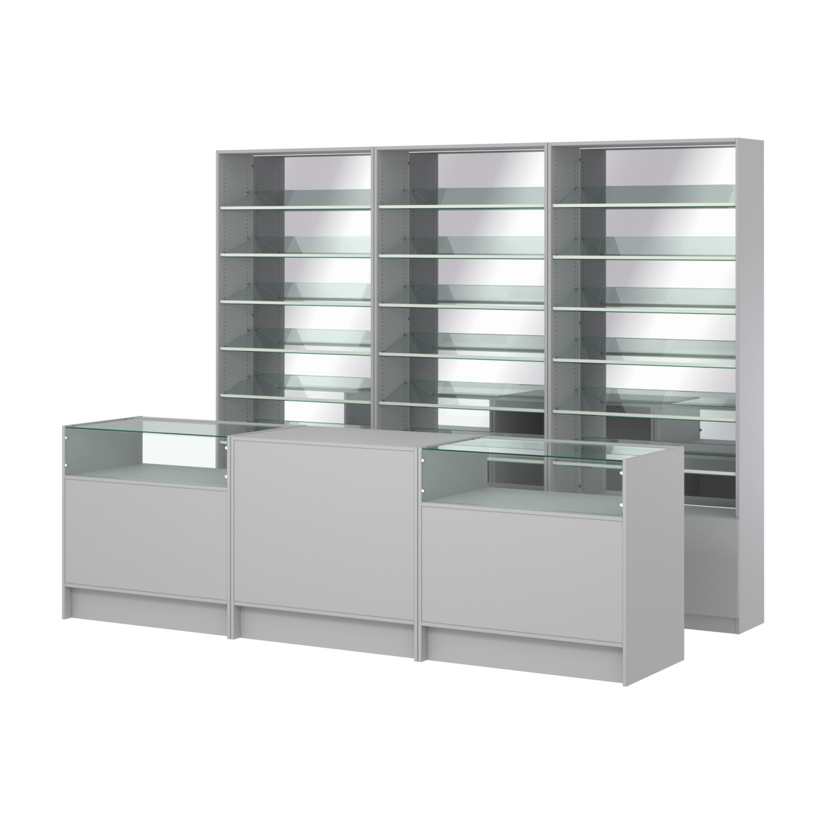 Комплект стеллажей с наклонными стеклянными полками SL-6 №12-2 и прилавков ЭК-02 Серый
