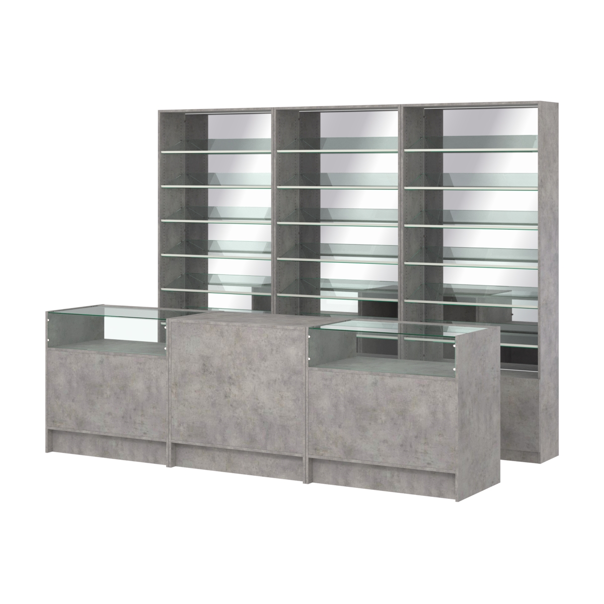 Комплект стеллажей с наклонными стеклянными полками SL-6 №12-2 и прилавков ЭК-02 Бетон Чикаго светло-серый F186 ST9