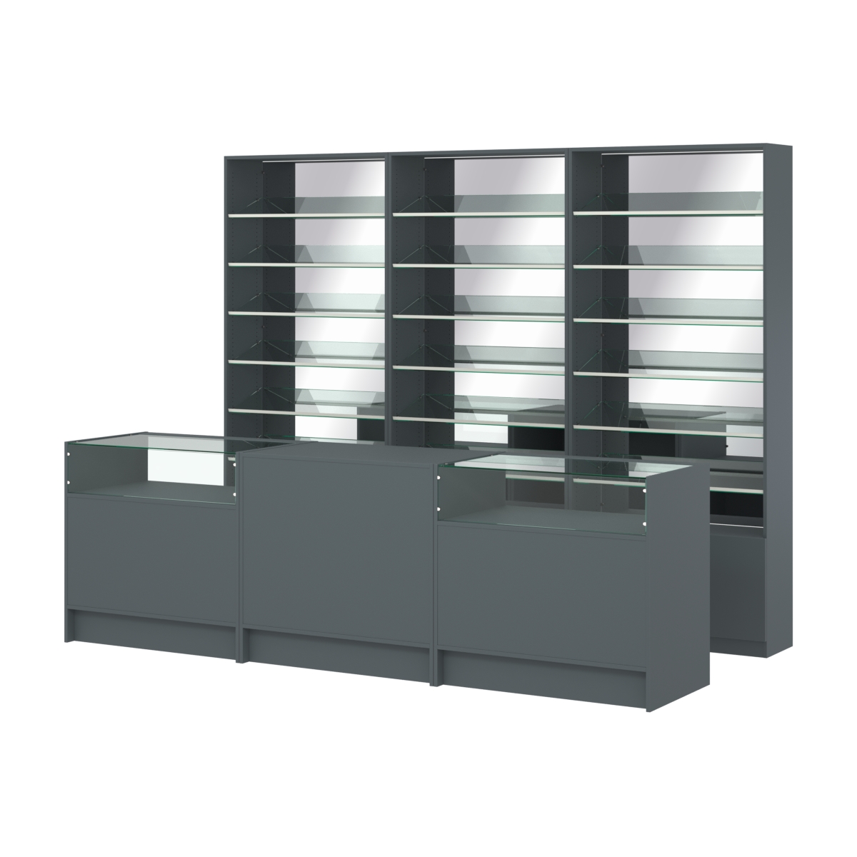 Комплект стеллажей с наклонными стеклянными полками SL-6 №12-2 и прилавков ЭК-02 Темно-Серый