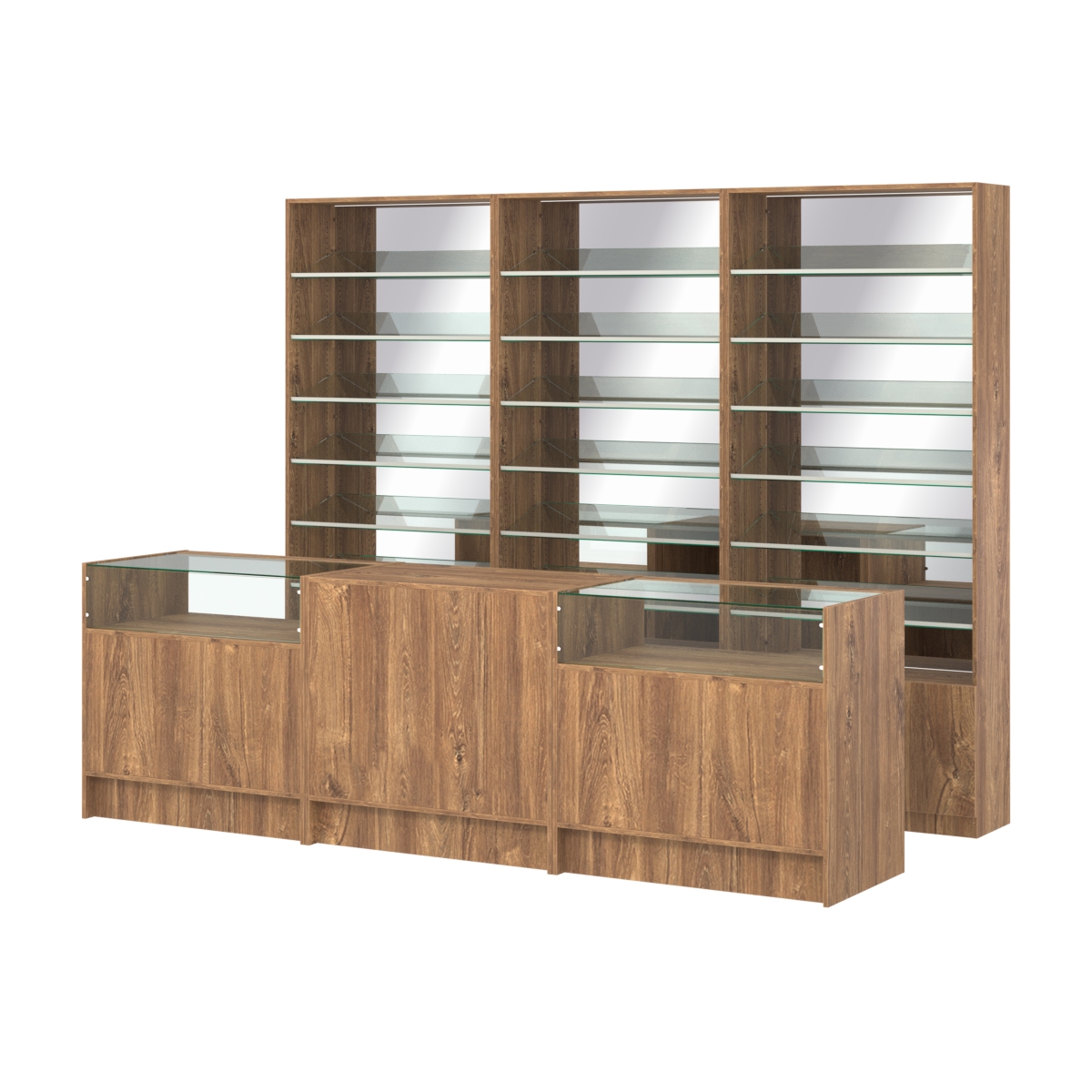 Комплект стеллажей с наклонными стеклянными полками SL-6 №12-2 и прилавков ЭК-02 Дуб Канзас коричневый