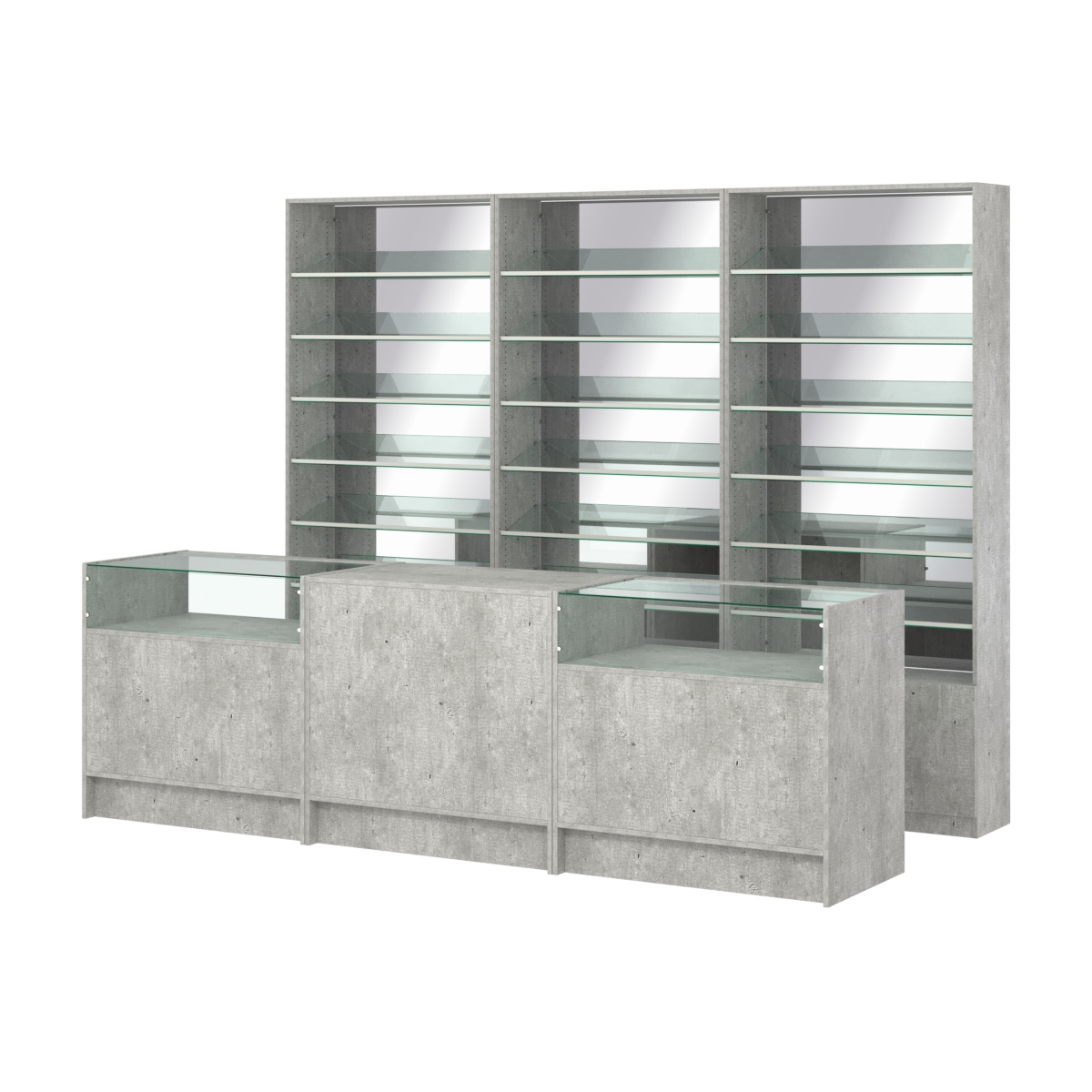 Комплект стеллажей с наклонными стеклянными полками SL-6 №12-2 и прилавков ЭК-02 Метрополитан Грей